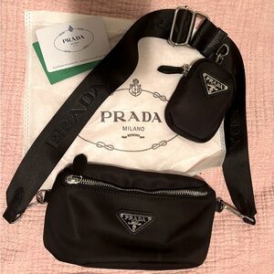 Black with silver details nylon crossbody / fanny bag.